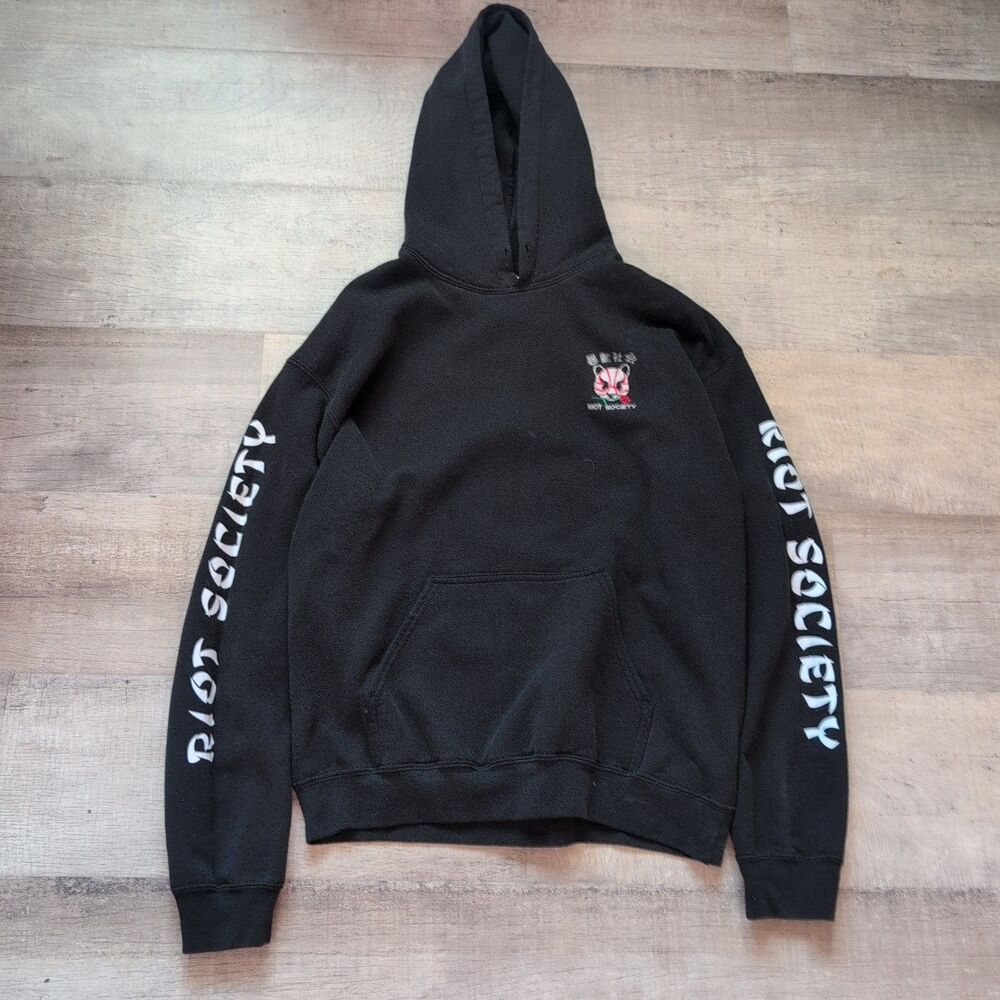 Riot Society Pullover Hoodie Adult Black Long Sleeve Sweater No Drawstring Sz M